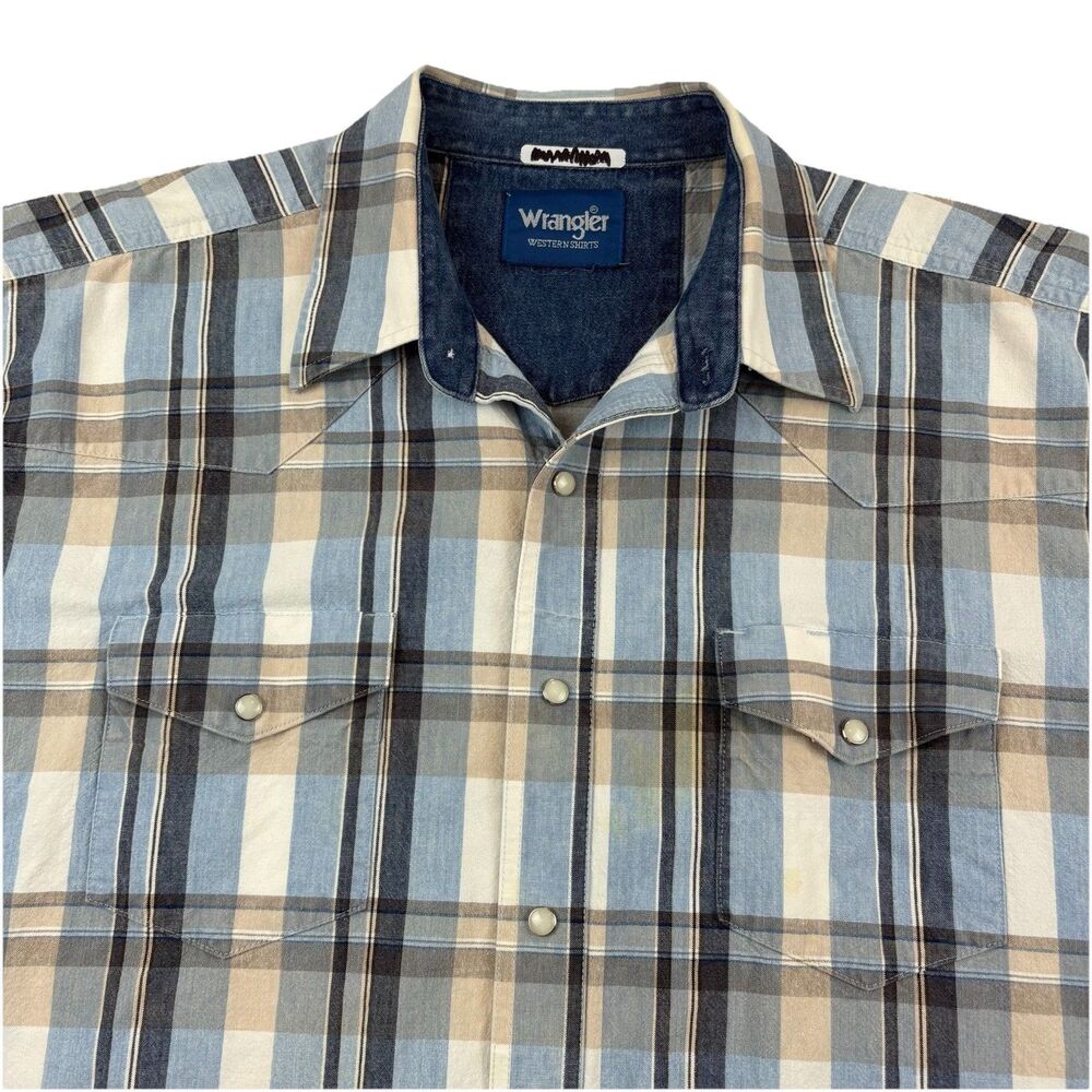 Wrangler Denim Pearl Snap Shirt Mens 2XL Blue Plaid Short Sleeve